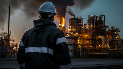 Worker stands and observes an oil refinery in a protective jacket and helmet