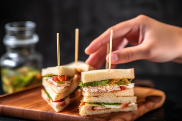 hand skewering sandwich halves with toothpicks - obrazy, fototapety, plakaty