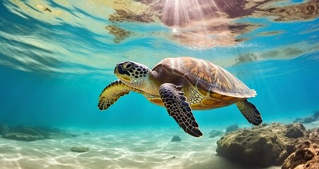 Fototapeta premium Photo of Sea turtle in the Galapagos island.