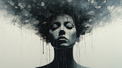 Kobieta w rozpaczy z czarną chmurą nad głową  - obrazy, fototapety, plakaty