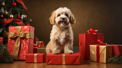 Pies siedzący na prezentach w czasie świąt bożego narodzenia  - obrazy, fototapety, plakaty