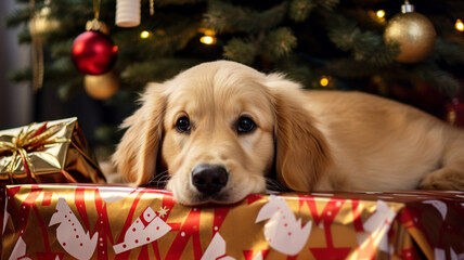 Golden retriever leży na prezencie pod choinką w czasie świąt bożego narodzenia