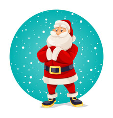Smiling Santa Claus in red suit standing alone. Christmas holiday cartoon character. Snow falling the circle. Vector illustration.