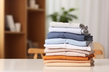 Stack of clean clothes on table in room.
