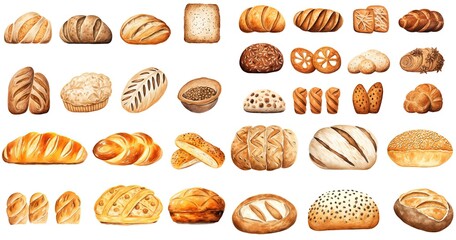 watercolor painting style illustration of many type of bread isolated on white background, collection set, Generative Ai	

