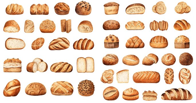 watercolor painting style illustration of many type of bread isolated on white background, collection set, Generative Ai	
