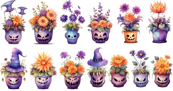 watercolor style illustration , Halloween pot plant isolated on white background, purple orange color collection set, Generative Ai