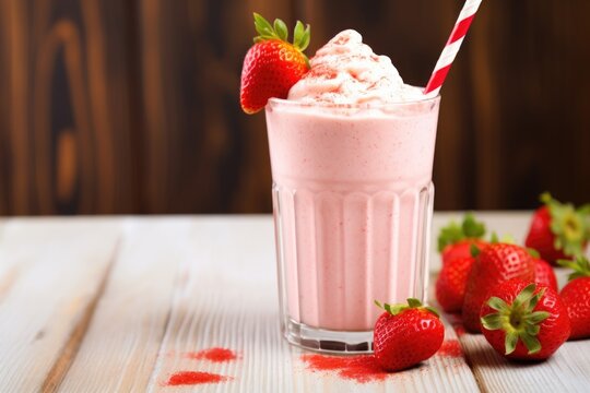 A Strawberry Shake With A Striped Paper Straw