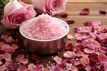 pile of bath salts with dried rose petals on wooden surface