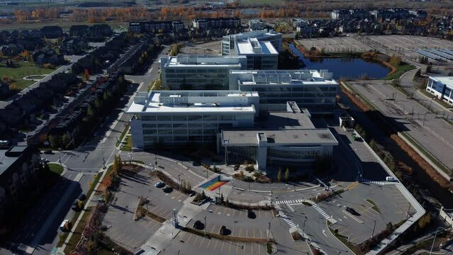 Revealing drone shot of the office business center in Quarry Park in Calgary