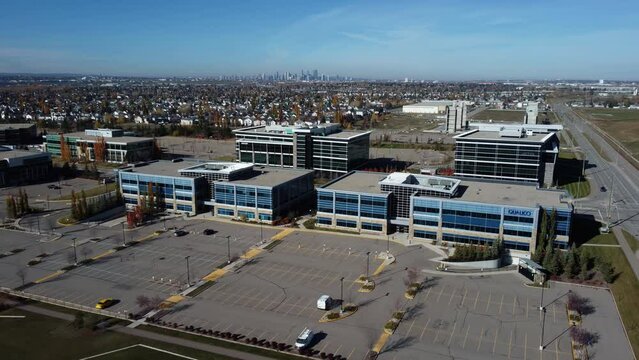 Drone shot of the business center in Quarry Park community in Calgary