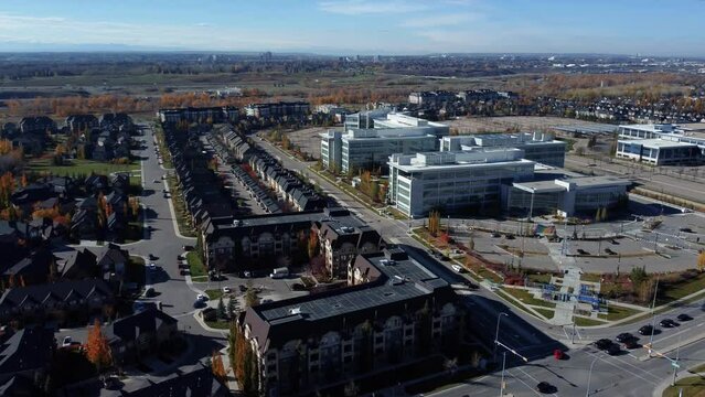 Midair view of the business centers in Quarry Park in Calgary.