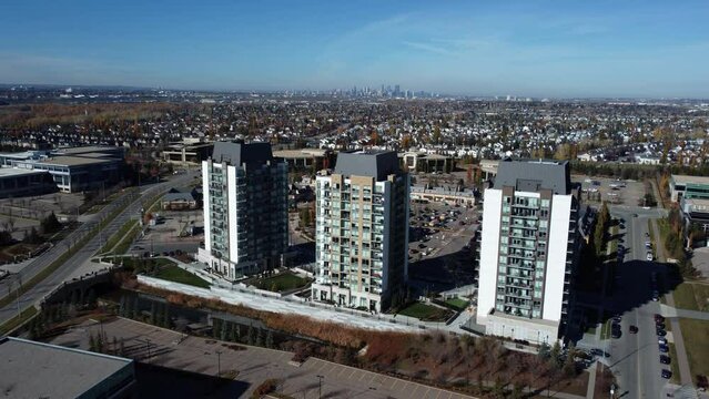 Aerial shot of three apartment buildings in Quarry Park community in Calgary.