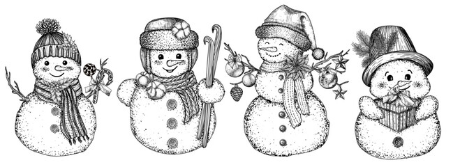Vector illustration of 4 different snowmen in hats and scarves in engraving style