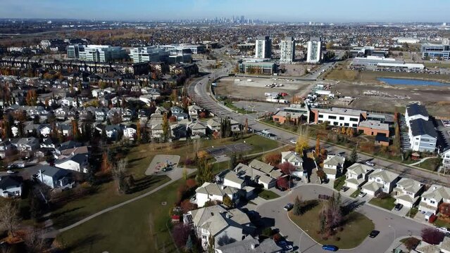 Revealing shot of Calgary Downtown from Quarry Park community.