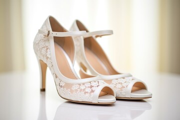 a pair of white lace wedding shoes positioned side by side
