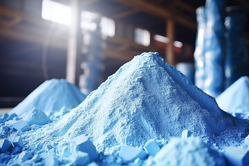 Blue heap or pile of salt granules of phosphorus fertilizers on chemical plant. - obrazy, fototapety, plakaty