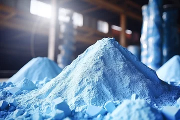 Tuinposter Blue heap or pile of salt granules of phosphorus fertilizers on chemical plant. © BlazingDesigns