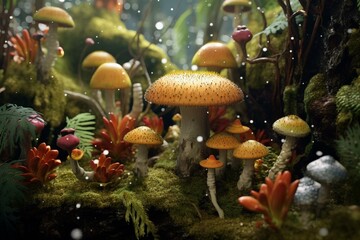Fototapeta na wymiar Detailed 3D illustration featuring moss, lichen, and mushrooms in a jungle. Generative AI