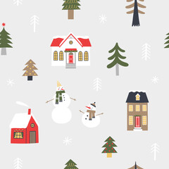 Christmas seamless pattern with houses and trees. Winter landscape.