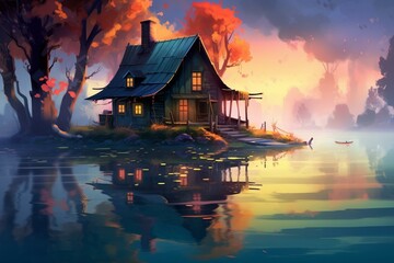 Dreamlike scenery with a cabin in a watery landscape. Generative AI