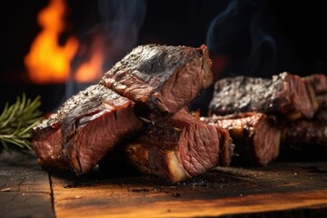 Obraz premium bbq beef ribs up close with smoky background