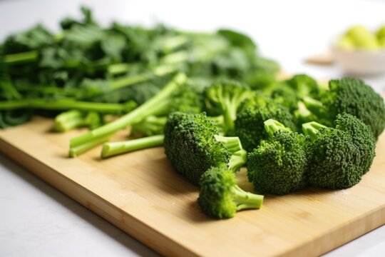 crispy, green broccoli florets on a white chopping board