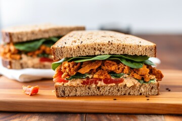meatless tempeh sandwich on whole grain bread