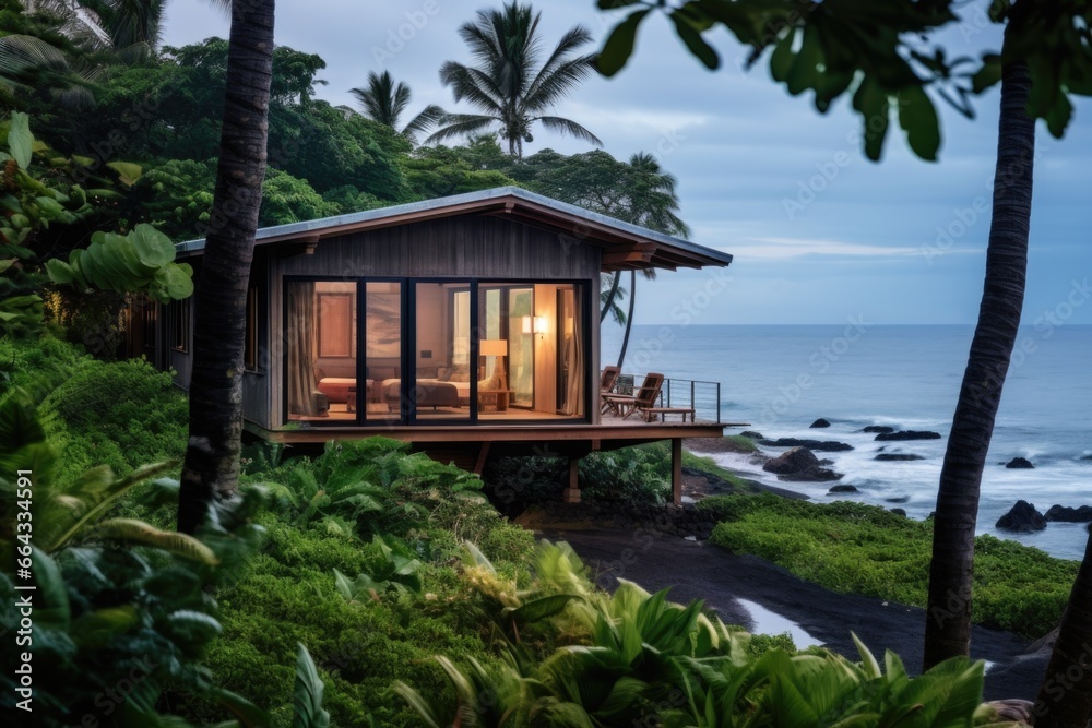 Wall mural sustainable oceanfront cabin surrounded by greenery