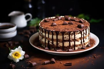 whole tiramisu decorated with chocolate shavings on top