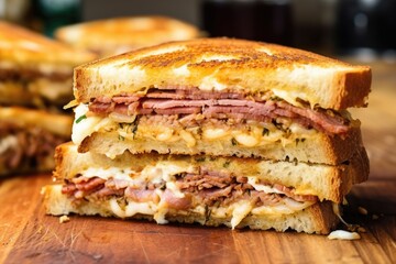 a close view of a cut toasted sandwich showing detailed layers
