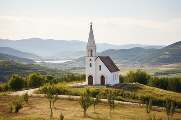 european style white chapel amidst hills