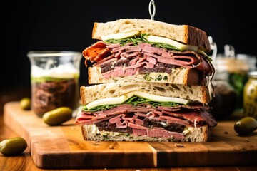 a triple decker sandwich with homemade sourdough slices - obrazy, fototapety, plakaty