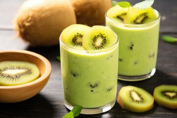 close-up of a kiwi banana smoothie, with kiwi slices on top