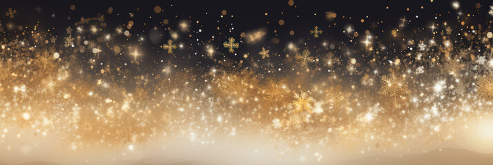 Abstract banner with gold snowflakes on black and yellow background for Christmas or New Year. Copy space for text.