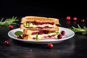 sandwich with cranberries on a white plate, dark surface
