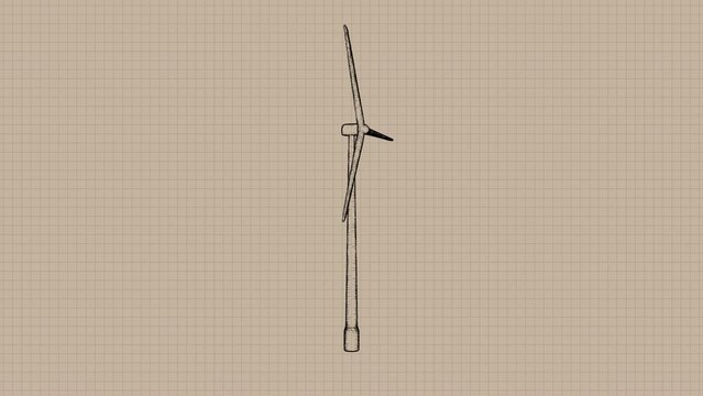 Windturbine, Windmill Concept Animation. Seamless Loop. Pencil Sketch Style Drawing.