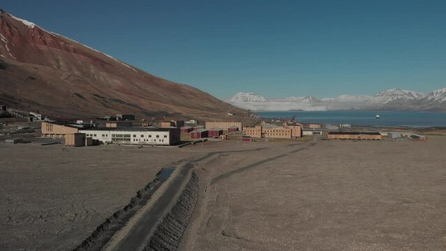 An aerial view on the abandoned Pyramiden town in Svalbard