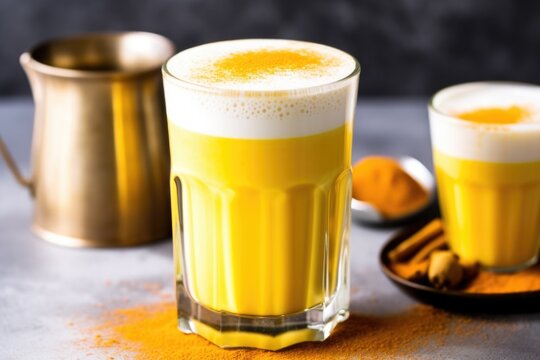 picture of turmeric latte with frothy milk topping on aluminum surface