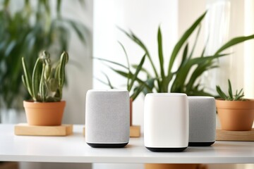 compact smart speakers in various corners of a mock-up home