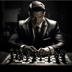 Handsome man playing chess in the dark room. Black and white photo.