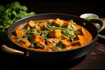 vegan butter chicken made with tofu, garnished with cilantro