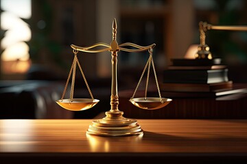 Balancing justice. Scales of legal system. Gavel of truth. Courtroom with wooden table. Liberty and equality. Law and symbolism