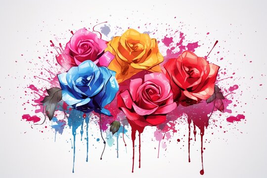 Paint-splattered roses on white background, banner, space. Generative AI