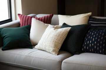 organic fabric throw pillows scattered on a sofa