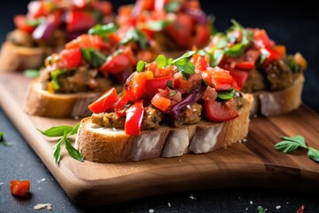 bruschetta pieces topped with spicy vegan sausage and peppers