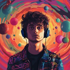 Naklejka na ściany i meble Vector illustration of a young man listening to music with headphones and colorful background