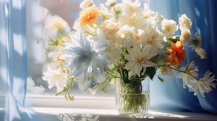 spring flowers in white vase on old windowsill