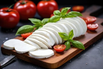 sliced vegan mozzarella on a board - obrazy, fototapety, plakaty