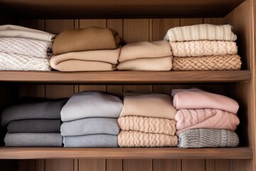 cashmere sweaters neatly folded on a wooden shelf - obrazy, fototapety, plakaty